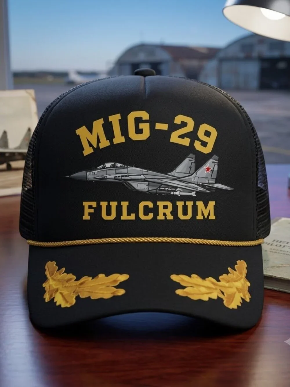 Retro MiG-29 Fulcrum Fighter Jet Foam Trucker Hat Black Gold Scrambled Eggs New!